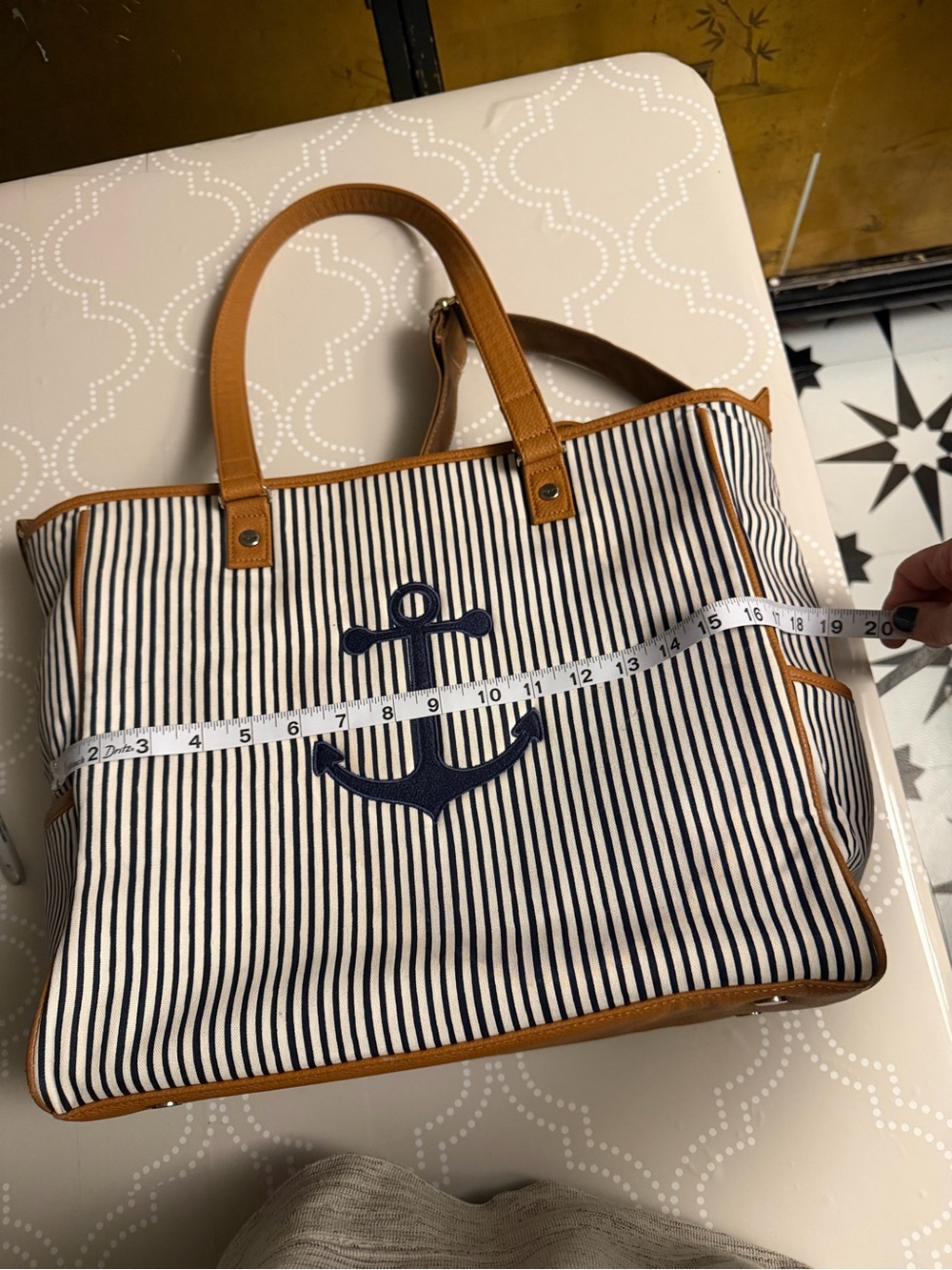 Thirty One Around Town Tote Nautical Anchor Striped Canvas Bag Large - Picture 10 of 15